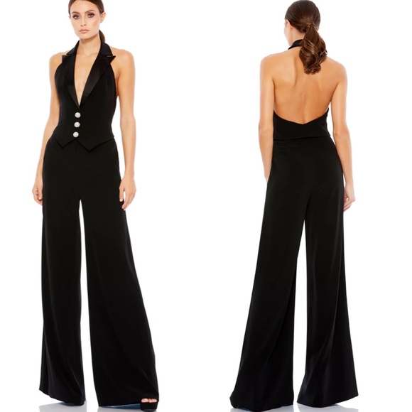 Mac Duggal Pants - Mac Duggal Ieena Black Tuxedo Rhinestone Button Evening Formal Jumpsuit 10 NWT